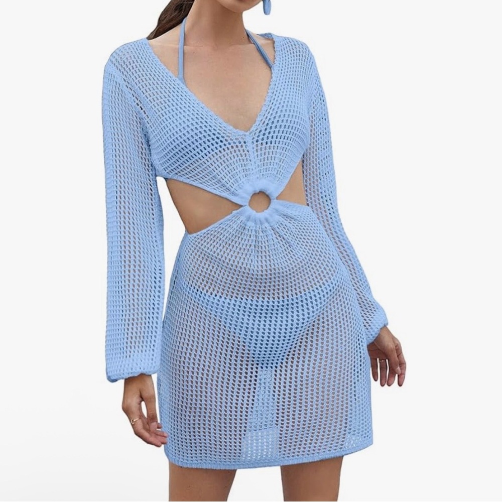 Swim suit cover up knit, Light Blue, Cutout Dress